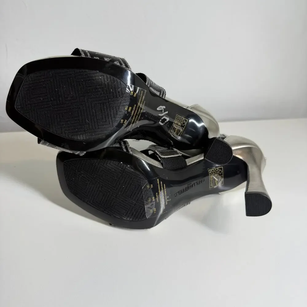 Karl Lagerfeld Paris Metallic Logo Strap Dress high heel Sandals 7.5 women NWOT